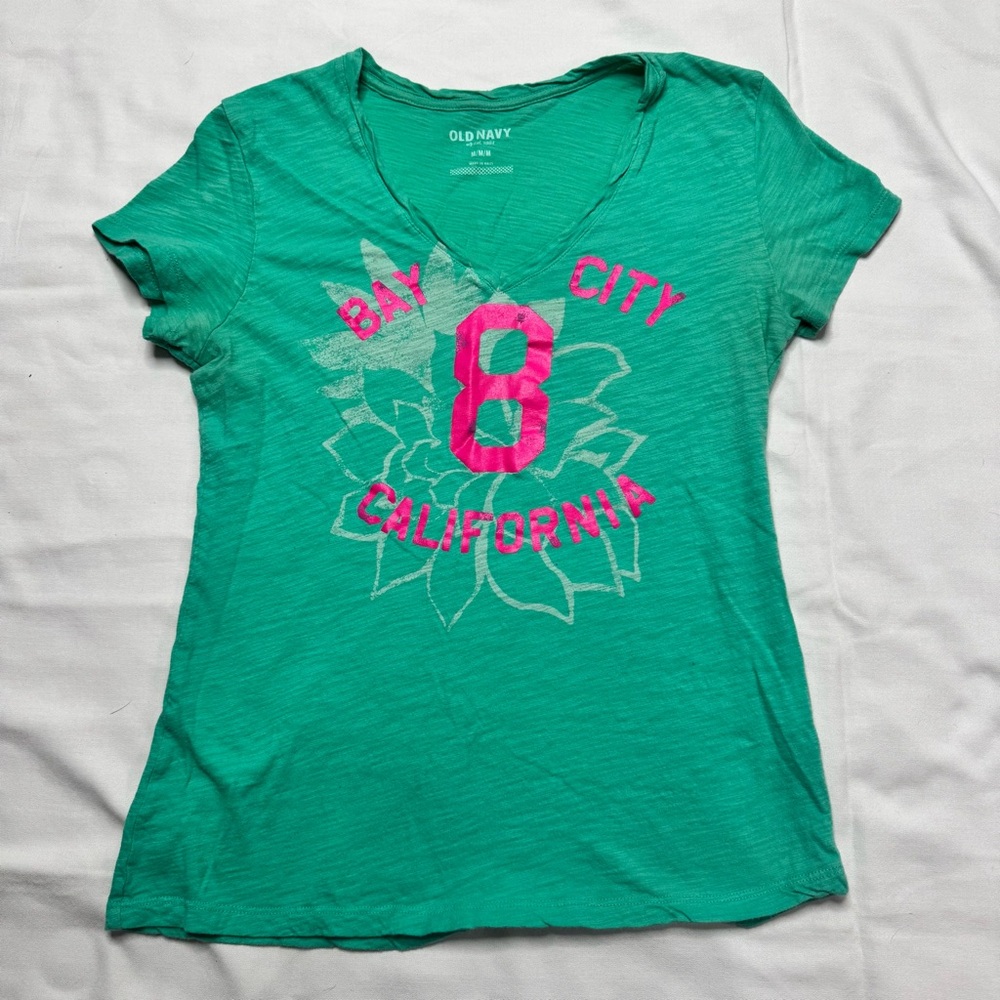 Vintage Old Navy Green Graphic Tee with Pink Accents